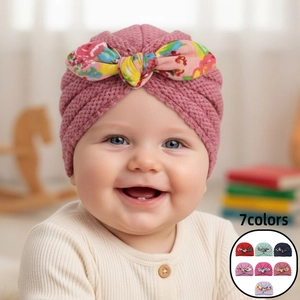 Baby Knit Turban Hat Large Floral Print Bow Soft Polyester Beanie For Infants Girls Warm Autumn Winter Headwrap Headwear