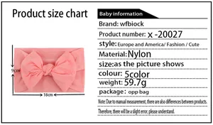 Tabella taglie dettagliata per fascia neonato in nylon con dimensioni 18x9cm e materiale