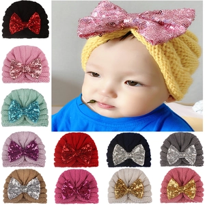 Newborn Baby Knitted Turban Hat With Large Sequin Bow Infant Toddler Warm Soft Beanie Cap Cute Headwrap For Girl Boys