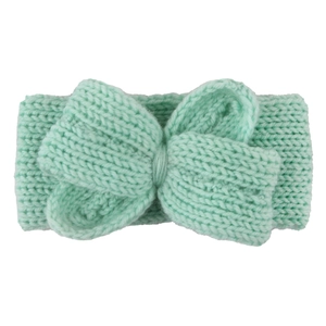 Vue détaillée du bandeau en tricot vert menthe avec nœud papillon et texture de laine