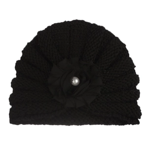 Bonnet turban tricoté pour bébé noir avec fleur en mousseline et perle
