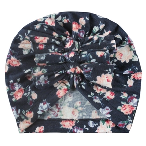 Turbante per neonati in morbido cotone con stampa floreale e grande fiocco blu scuro