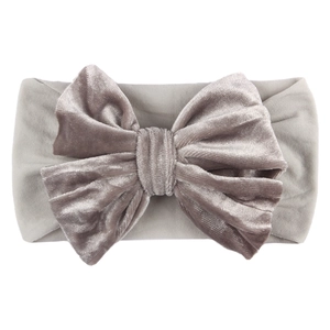Grey velvet baby headband featuring a soft elastic wide band and a large double layer bow