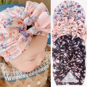 Cappello a Turbante per Neonato in Morbido Cotone Poliestere a Maglia Con Stampa Floreale e Grande Fiocco per Bambina