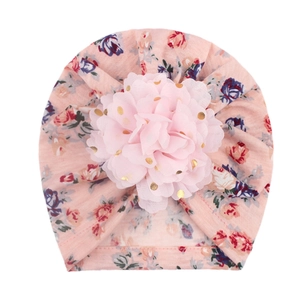 Pink floral baby turban hat with gold foil sequins and large chiffon flower decoration