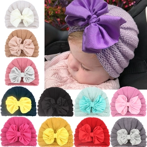 Infant Turban Hat Knitted Polyester Soft Beanie With Large Bow For Baby Girls Toddlers Winter Warm Photography Prop Hat