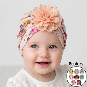 Baby Floral Turban Hat Large Mesh Flower Gold Polka Dot Toddler Beanie Soft Polyester Infant Headwear Fashion Accessory