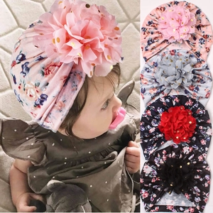 Soft Baby Girl Floral Turban Hat Large Chiffon Flower Bronzing Polka Dot Breathable Beanie Infant Headwrap For Toddler