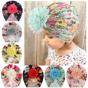 Floral print baby turban hats with large chiffon gold dot flowers in 8 assorted colors