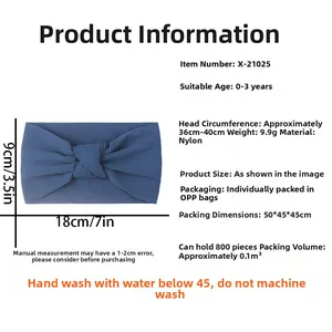 Detail specifications for soft blue nylon baby headband showing 36-40cm circumference