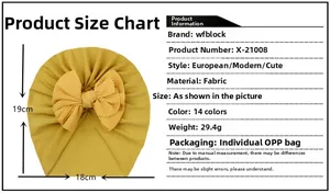Detailed size chart for baby turban hat showing 19cm height and 18cm width dimensions