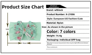 Détails du bandeau bébé vert menthe avec nœud floral montrant les dimensions de 18x9cm