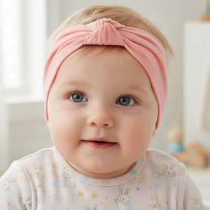 Close-up of a pink soft nylon knotted headband worn by a baby for comfort and style