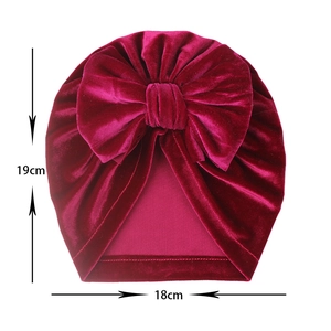 Burgundy velvet baby turban hat with oversized knot bow for autumn winter warmth