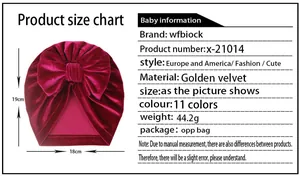 Size chart for golden velvet baby bow hat measuring 19cm height and 18cm width