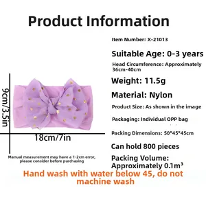Détails du bandeau bébé lilas à pois en nylon avec les dimensions et caractéristiques