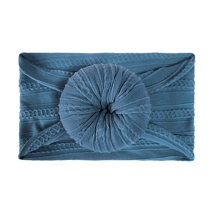 Soft grey-blue jacquard knit infant nylon headband with a doughnut knot decoration
