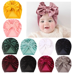 Soft Gold Velvet Baby Turban Hat With Large Bow Knot Solid Color Infant Indian Cap Toddler Headwrap For Girls Photography