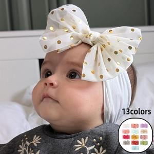 Bandeau Bébé en Nylon Souple Grand Nœud à Pois Dorés Bande de Cheveux Élastique pour Nourrissons Filles Accessoires Cheveux