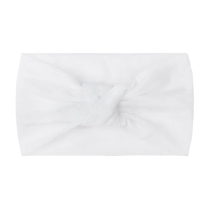 Close-up of soft white nylon wide headband with double-layered center knot design
