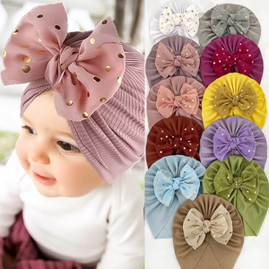 Baby Turban Hat Ribbed Knit Beanie Large Chiffon Bow Gold Polka Dot Soft Breathable Headwear For Infant Toddler Girls