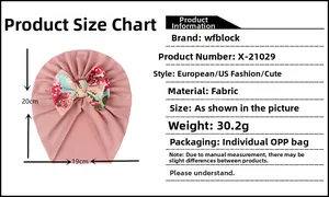Detailed size chart for baby turban hat showing 20cm height and 19cm width specifications