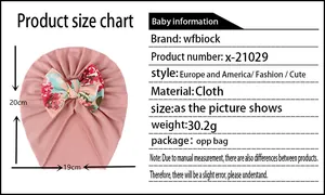 Size chart showing 20cm height and 19cm width for this soft floral bow baby beanie hat