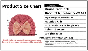 Size chart showing 14x16cm dimensions for a baby knitted headband with pink polka dot bow