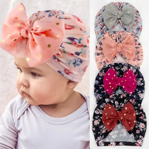Floral print baby turban hat set with large bows for infants, multiple colors shown