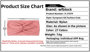 Size chart for nylon baby headband measuring 18cm wide by 9cm high with stretch fabric detail