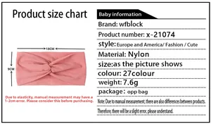 Size chart for nylon baby headbands showing 18x9cm dimensions and material specs