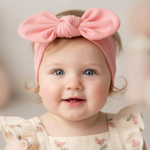 Primer plano de bebé con diadema elástica de nailon rosa claro y lazo grande suave