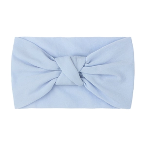 Detailed view of soft light blue nylon twist knot headband with neat stitching for infants