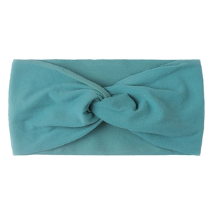 Close-up of peacock blue twisted nylon headband with soft skin-friendly fabric for girls