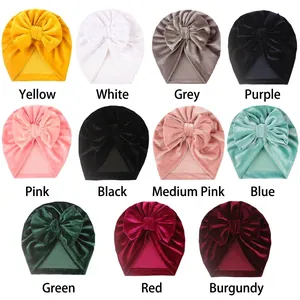 Knotted baby turban hats in 11 velvet colors with large decorative bow accents
