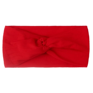 Detail showing red nylon knotted baby headband with soft ribbed knit texture