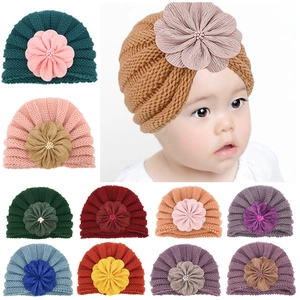 Baby Turban Hat Large Fabric Flower Soft Knit Beanie For Infant Toddler Girl Winter Warm Head Wrap Artificial Pearl Decor