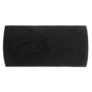 Detail of a soft black nylon hair band for babies featuring a stylish twisted knot design