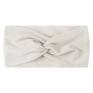 Detail of light gray nylon twisted headband for babies with soft knitted fabric texture