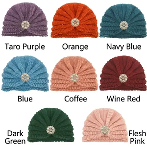 Bonnets turban tricotés pour bébé avec fleur en perles et strass en huit couleurs
