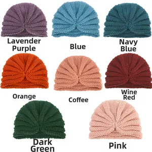 Set of 8 colorful baby turban hats with warm ribbed knit texture and front knot design