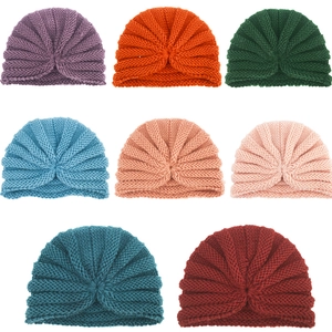 Soft knit baby turban hats set with knot design in eight solid colors for winter warmth