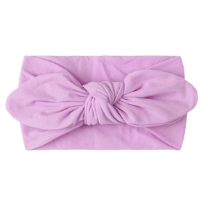 Detail of soft light purple nylon baby headband with a decorative large rabbit ear knot