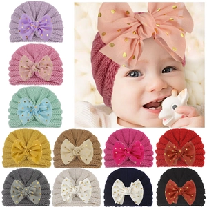 Baby Knitted Turban Hat With Big Bow Gold Polka Dot Sequin Soft Warm Infant Toddler Beanie Bohemian Style Photography Props