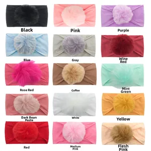 Baby seamless nylon headband with large pom-pom, set of 15 various colors for infants