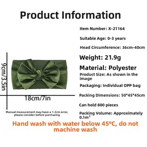 Détails du bandeau bébé en velours vert olive avec dimensions 18x9cm et fiche des matériaux