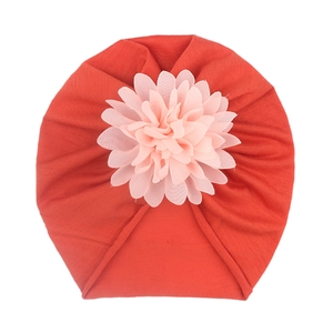 Turbant pour bébé à la mode avec fleur en 3D en tissu tricoté orange-rouge doux