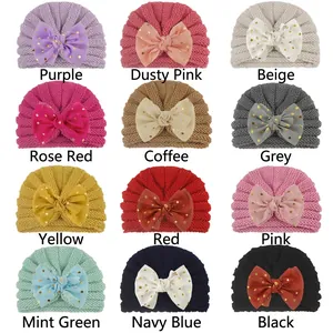 Baby warm knit turban hats with large polka dot bows in 12 assorted solid colors