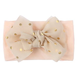 Bandeau bébé en nylon rose avec grand nœud en tulle et pois dorés brillants élégants