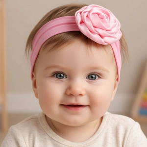 Detailed close-up of soft pink nylon headband with layered satin rose on a baby girl